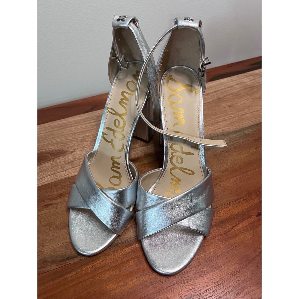 Sam Edelman Yaro Metallic Silver Block Heel Sandals Womens 8M Dress Shoes